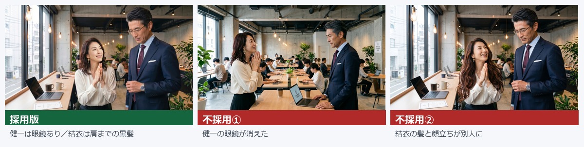 カット6-7Bの採用版と不採用2枚の比較。健一の眼鏡が消え、結衣の髪型と顔立ちが別人になっている