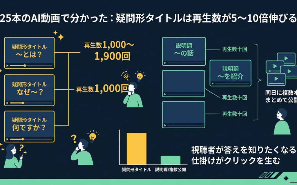 AI活用のコツ｜25本のAI動画で分かった：疑問形タイトルは再生数が5〜10倍伸びる